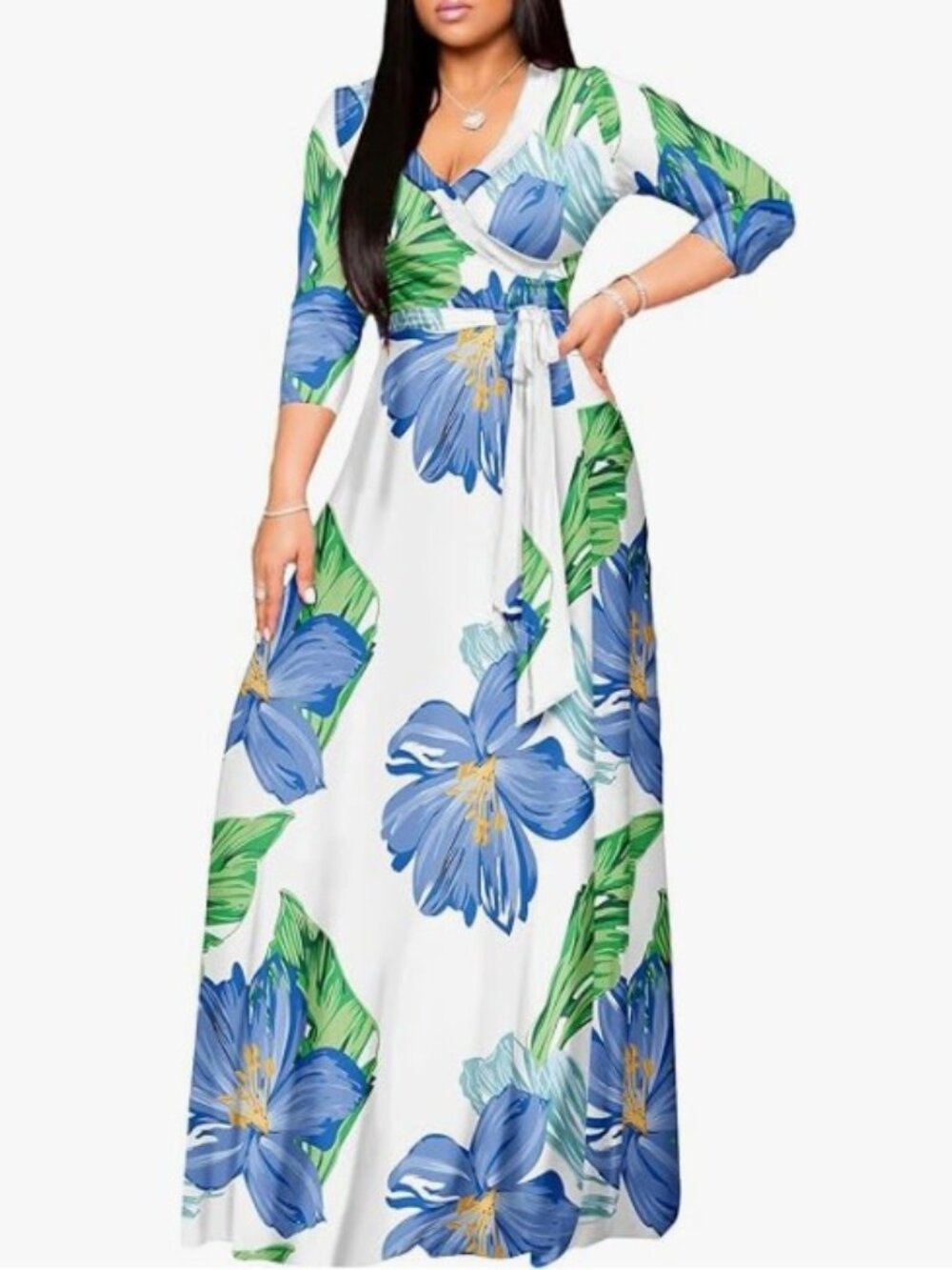 Floral Maxi Dress V‑Neck 3/4 Sleeve Belted